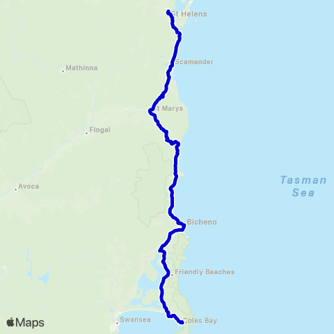 Calow's Coaches Coles Bay to St Helens map
