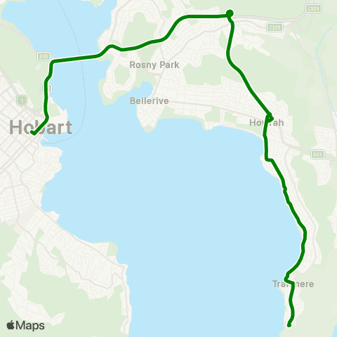 Metro Tasmania Tranmere Express to Hobart City Express map