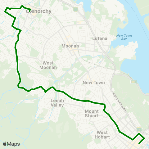 Metro Tasmania Glenorchy to Hobart City Express map