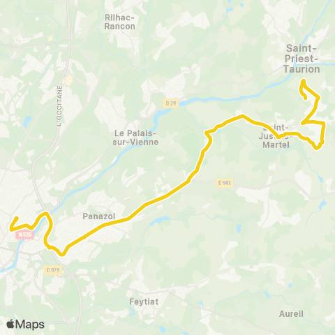 TCL Limoges Ciel <> St Just le Martel Grateloube map