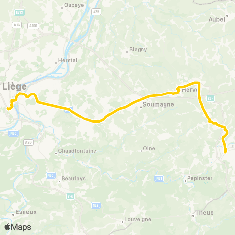 TEC Liège - Verviers Liège - Fléron - Herve - Battice - Verviers map