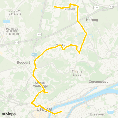 TEC Liège - Verviers Bavière - St-Lambert - Citadelle - Vottem - Milmort map