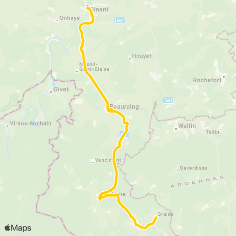 TEC Namur-Luxembourg Dinant - Beauraing - Gedinne - Graide map