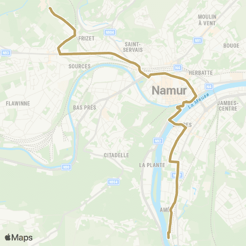TEC Namur-Luxembourg Jambes (Amée) - St-Servais (Beau-Vallon) map