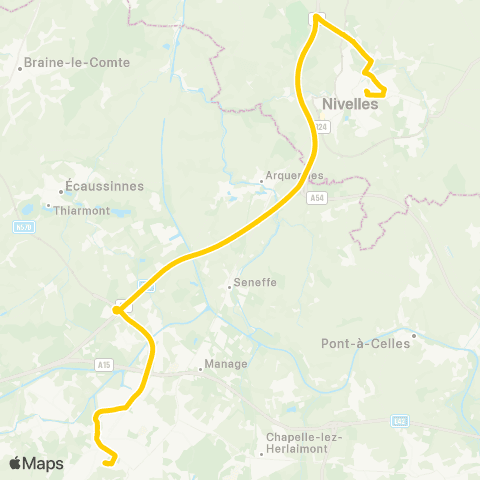 TEC Brabant Wallon Nivelles - la Louvière (Express) map