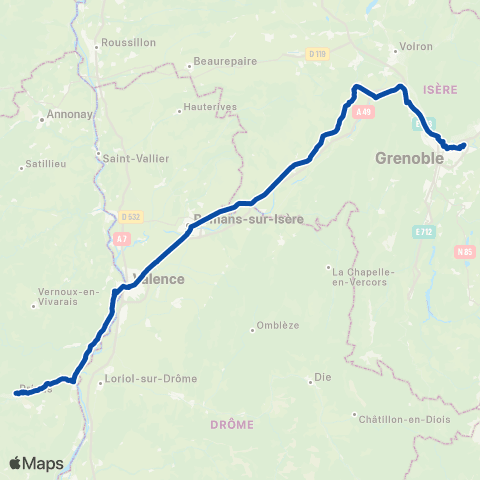 TER Auvergne-Rhône-Alpes RE Aubenas / Grenoble map