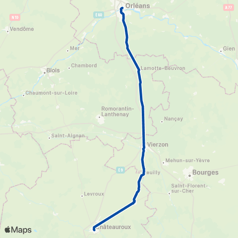 TER Rémi (Centre-Val de Loire) Orléans - Châteauroux - Saint-Sébastien map