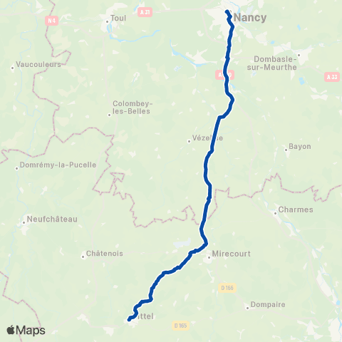 TER Fluo (Grand Est) Nancy - Vittel via Autoroute map