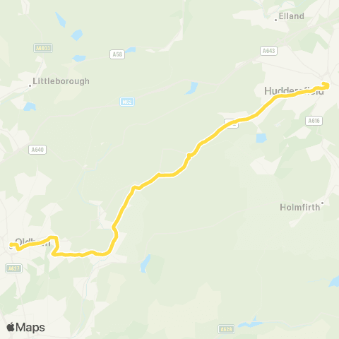 Bee Network Oldham Bus Sta - Huddersfield Bus Sta map