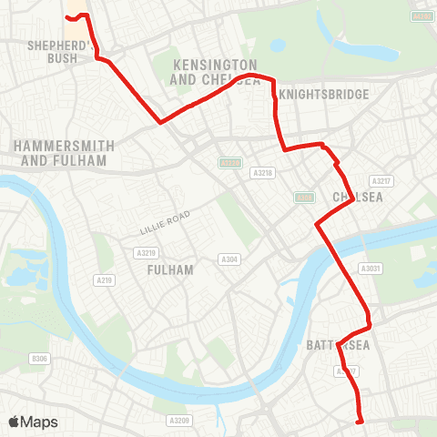 TfL Clapham Jct - Chelsea - S Kensington - Shepherd's Bush - White City map