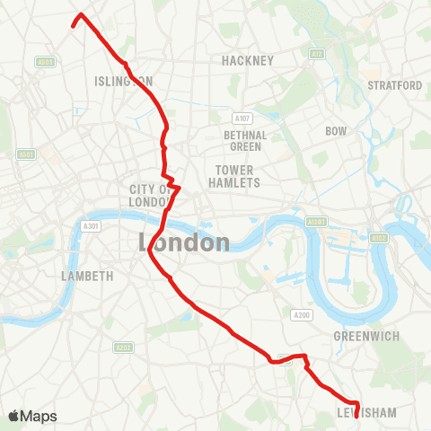 TfL Lewisham, Shopping Ctr - Old Kent Rd - London Bridge - Bank - Holloway, Nags Head map