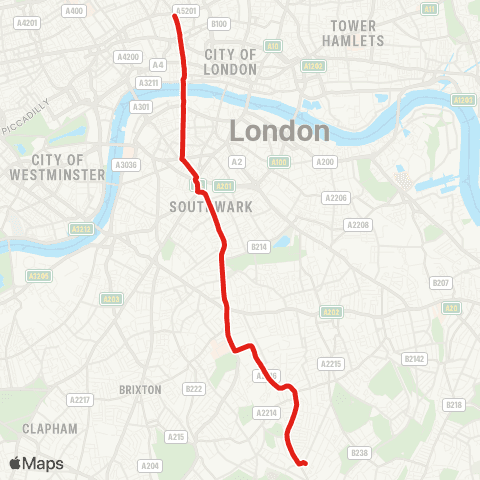 TfL Dulwich Library - Denmark Hill - Elephant & Castle - Southwark Sta - Clerkenwell Green map