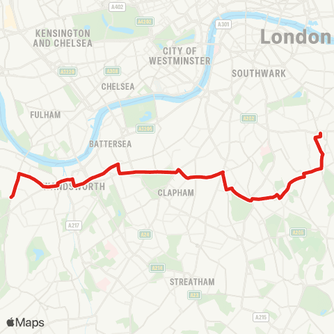 TfL Putney Heath - Wandsworth - Clapham Jct - Brixton - Peckham map