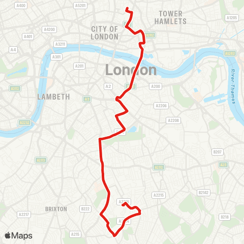 TfL E Dulwich, Sainsbury's - Denmark Hill - Camberwell Green - Tower Bridge - Liverpool St map