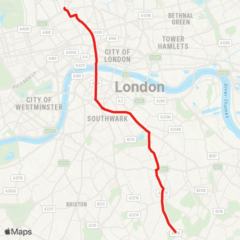 TfL Honor Oak - Peckham Rye - Peckham - Burgess Pk - Old Kent Rd - Elephant & Castle - Southwark - Blackfriars - Farringdon - Kings Cross map