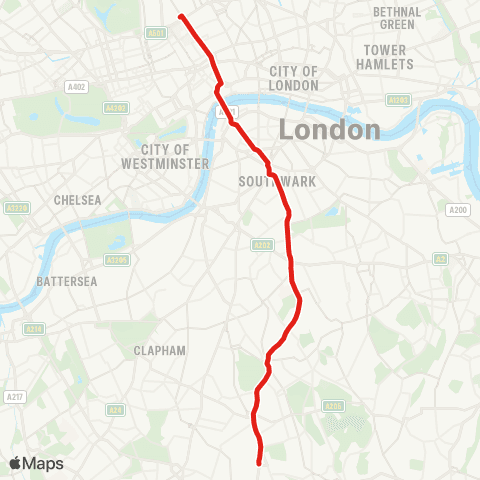 TfL W Norwood - Camberwell - Elephant & Castle - Waterloo - Euston map