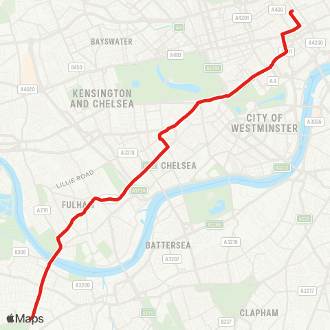 TfL Putney Heath - Fulham Bway - S Kensington - Piccadilly Circus - Russell Square map