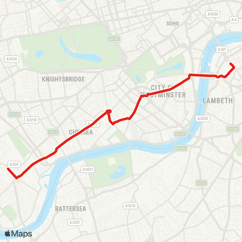 TfL Fulham Bway - Kings Rd - Sloane Square - Victoria - Westminster - Waterloo map