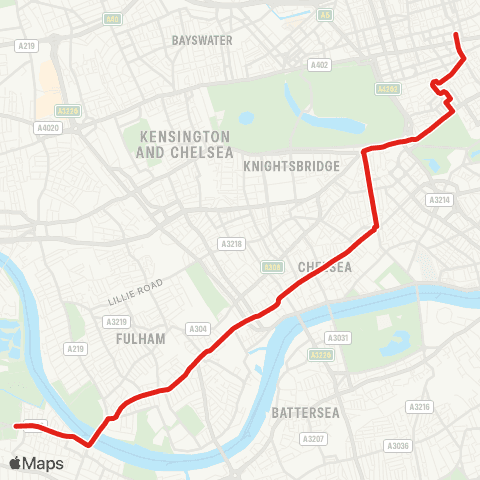 TfL Putney Common - Putney Bridge - Parsons Green - Chelsea Worlds End - Kings Rd - Sloane Square - Hyde Pk Corner - Green Pk - Oxford Circus map