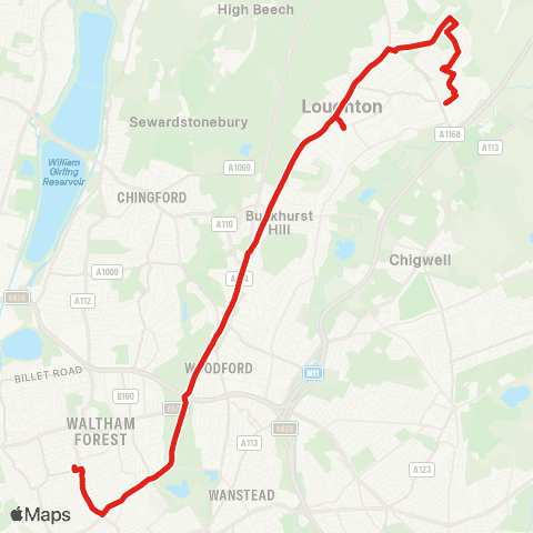 TfL Walthamstow Central - Bakers Arms - Whipps Cross - Waterworks Corner - Woodford Green - Woodford Wells - Loughton - Debden map