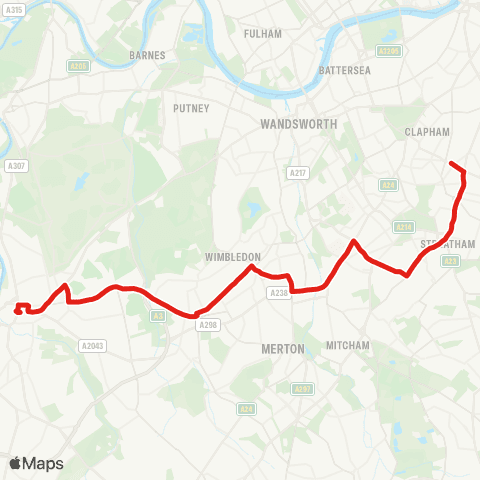 TfL Kingston - Norbiton - Coombe Ln - Raynes Pk - Wimbledon - Colliers Wood - Tooting Bway - Streatham - Clapham Pk map