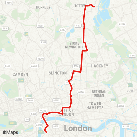 TfL Tottenham Hale - Stoke Newington - Dalston - St Paul's - Waterloo map