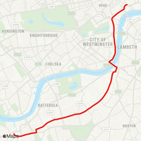 TfL Wandsworth - Clapham Jct - Vauxhall - Trafalgar Square - Aldwych map