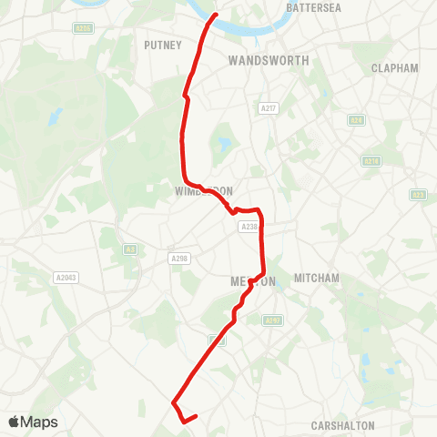 TfL N Cheam - Morden - Wimbledon - Putney Heath - Putney Bridge map