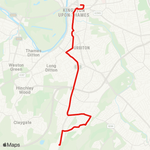 TfL Chessington - Copt Gilders - Hook - Surbiton - Kingston map