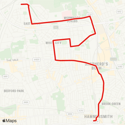 TfL E Acton - Du Cane Rd - Hammersmith Hosp - White City Estate - Shepherds Bush - Hammersmith - Hammersmith Bridge, N Side map