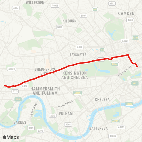 TfL Acton Green - Shepherd's Bush - Notting Hill Gate - Oxford Circus - Piccadilly Circus map