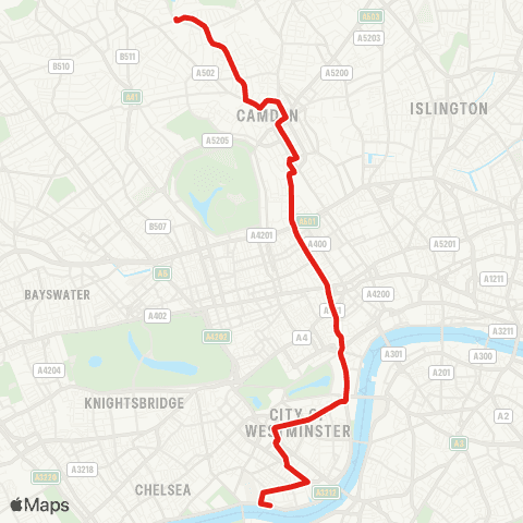 TfL Pimlico - Victoria - Westminster - Trafalgar Square - Warren St - Camden Town - Malden Rd - Hampstead Heath map