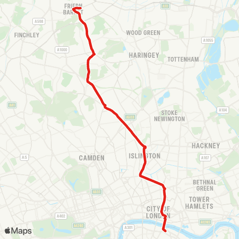 TfL Friern Barnet - Highgate - Holloway Rd - Moorgate - London Bridge map