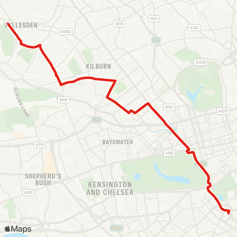 TfL Willesden, Bus Garage - Queens Pk - Maida Hill - Marble Arch - Victoria map