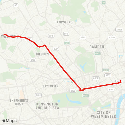 TfL Willesden, Bus Garage - Kilburn - Edgware Rd - Oxford Circus - Holborn map