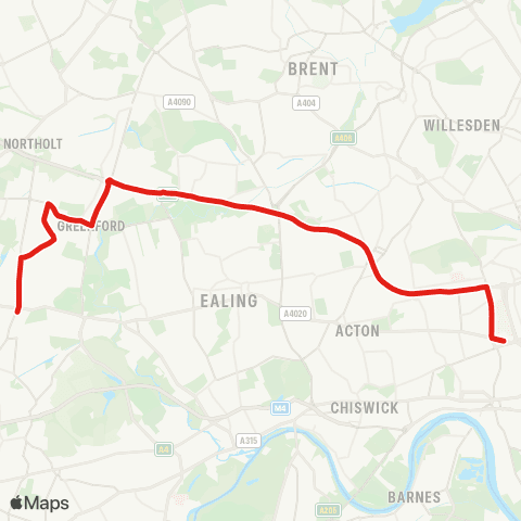 TfL Southall, Town Hall - S Greenford - Hanger Ln - Pk Royal - White City - Shepherds Bush Green map