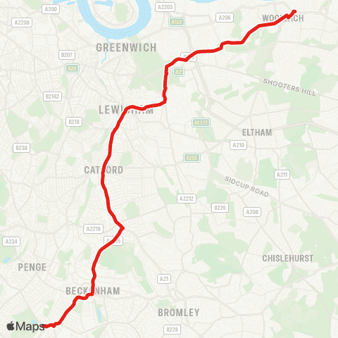 TfL Elmers End - Beckenham - Woolwich map