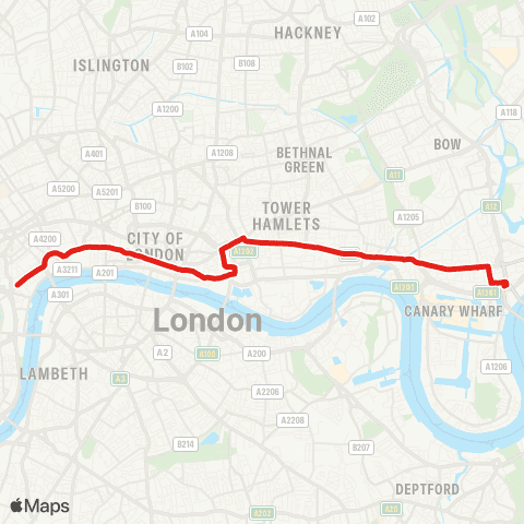 TfL Blackwall - Limehouse - Aldgate - Tower Hill - St Paul's Cathedral - Trafalgar Square map