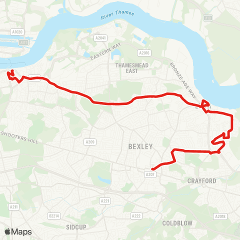 TfL Woolwich - Plumstead - Bostall Hill - Upper Belvedere - Erith - Slade Green - Barnehurst - Bexleyheath, Town Ctr map