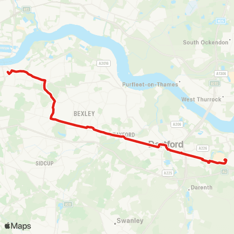 TfL Bluewater - Darent Val Hosp - Dartford - Crayford - Bexleyheath - Welling - Plumstead - Woolwich map