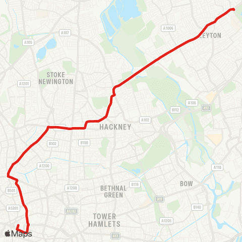 TfL Whipps Cross - Bakers Arms - Lea Bridge Rd - Clapton - Dalston - Essex Rd - Angel - Barbican - Bart's Hosp map