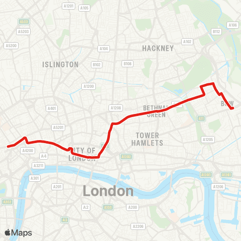 TfL Bow Church - Old Ford - Bethnal Green - Liverpool St - Bank - Tottenham Court Rd map