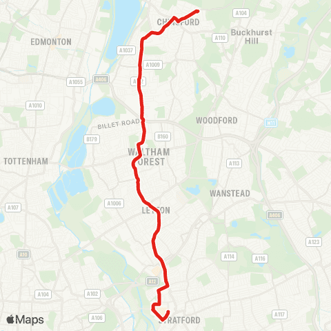 TfL Chingford Sta - Chingford Mt - Walthamstow - Leyton - Stratford City Bus Sta map