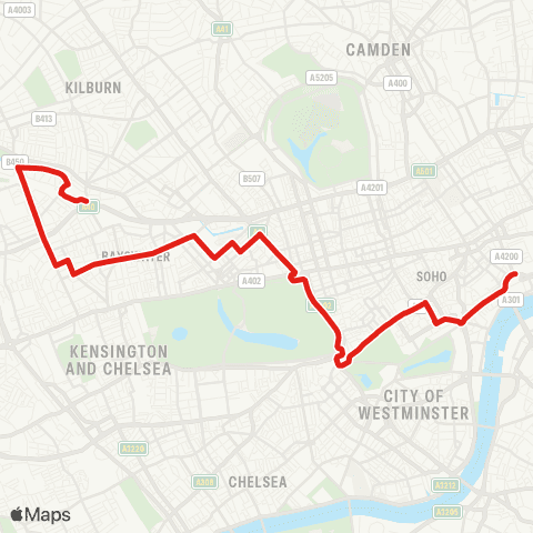 TfL Westbourne Pk - Ladbroke Grove - Paddington - Marble Arch - Green Pk - Piccadilly Circus - Aldwych map