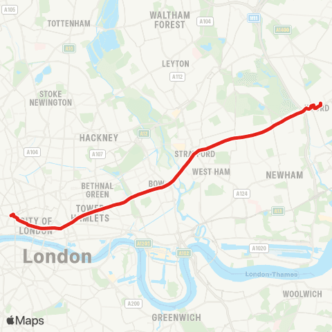 TfL Ilford - Manor Pk - Forest Gate - Stratford - Bow - Mile End - Whitechapel - Aldgate - Bank - City Thameslink map