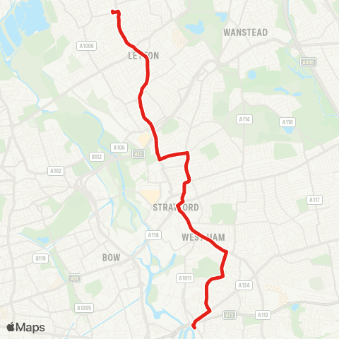 TfL Walthamstow - Leyton - Stratford - W Ham - Canning Town map