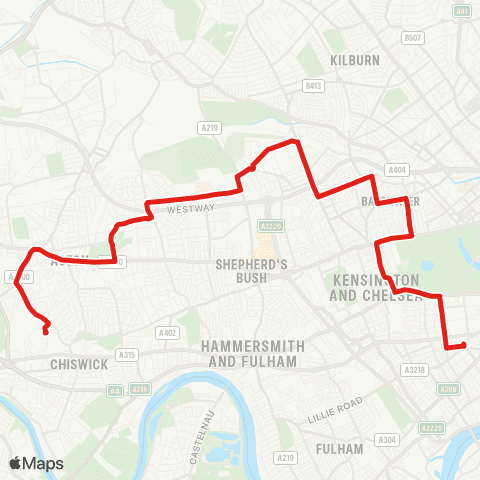 TfL Chiswick, Business Pk - Acton Town - E Acton - St Quintin Pk - Ladbroke Grove - Bayswater - Queensway - Notting Hill Gate - S Kensington map