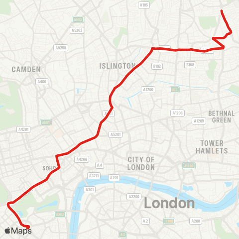 TfL Clapton Pond - Hackney Central - Essex Rd - Holborn - Victoria map
