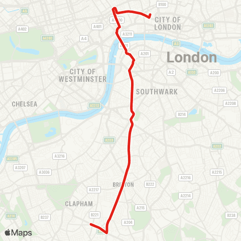 TfL Clapham Pk - Brixton Hill - Brixton - Kennington Pk - Lambeth N - Waterloo - Aldwych - Holborn - Bart's Hosp map