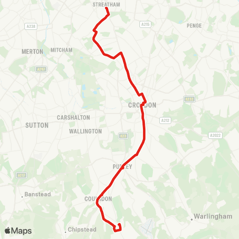 TfL Old Coulsdon - Croydon Town Ctr - Thornton Heath Pond - Streatham Vale - Streatham Sta map